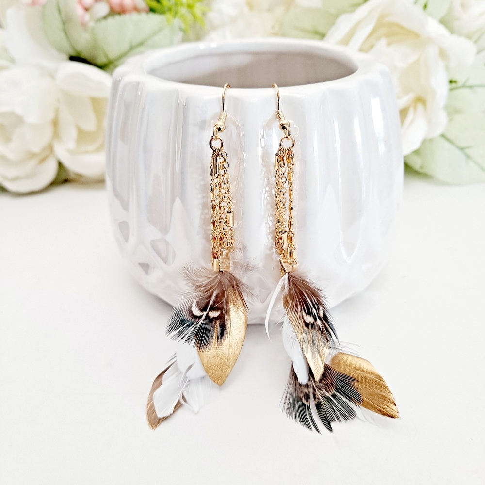 Women's long boho Gold tassel drop multicolor feather earrings 2/$30 - Picture 5 of 12